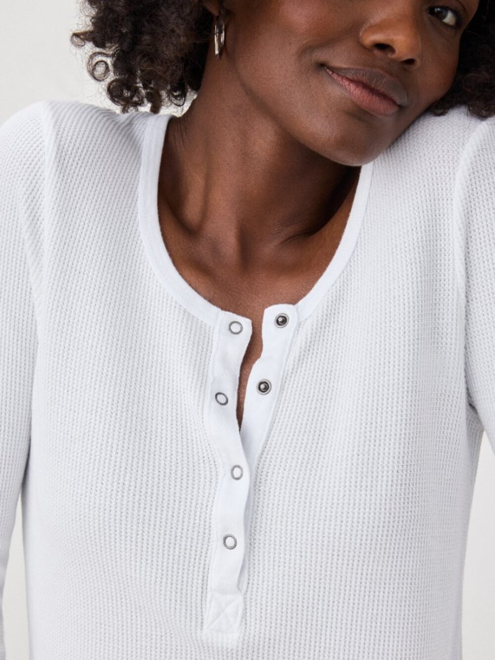 SPLENDID Forever White Micro Modal Cotton Waffle Knit Henley T-Shirt, Size S - Picture 6 of 16